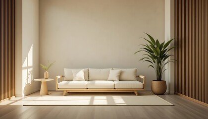 Living room exudes warmth and comfort with its soft beige tones, plush seating, and minimalist decor on cream color wall background- 3D rendering