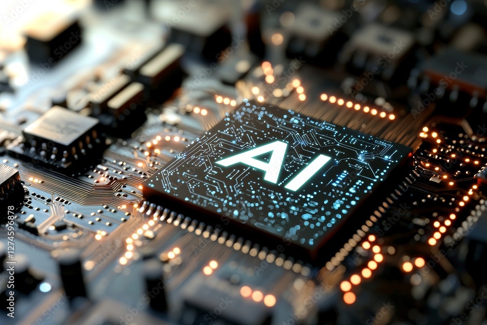 Poster an abstract blue ai chip is depicted on a blurry background in a 3d rendering, representing stock an