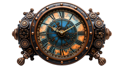 Blue Steampunk Clock Ornate Copper Design, Retro Vintage Timepiece for Home Decor, isolated on transparent background.