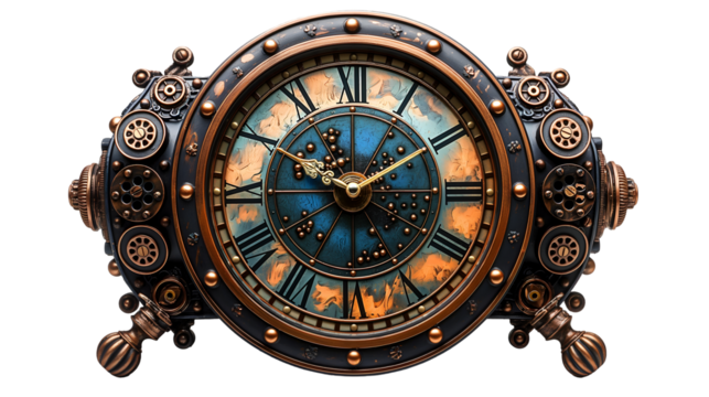 Blue Steampunk Clock Ornate Copper Design, Retro Vintage Timepiece for Home Decor, isolated on transparent background.