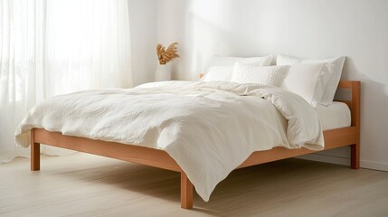A Scandinavian-inspired bedroom with a wooden bed frame, white linens, and a soft natural light.