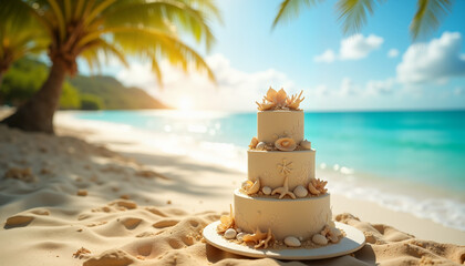 Stunning detailed sand wedding cake on tropical beach with palms and ocean view