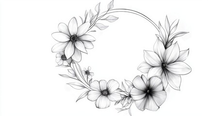 A sketch of a flower wreath, combining different flower types in a circular formation with detailed linework.