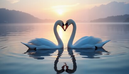 Fototapeta premium Elegant swans forming a heart shape at tranquil lake during dawn, symbol of love