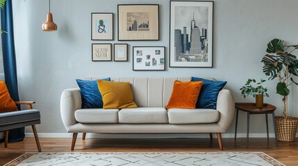 Fototapeta premium Elegant living room with a velvet sofa, a statement armchair, and art prints on the wall