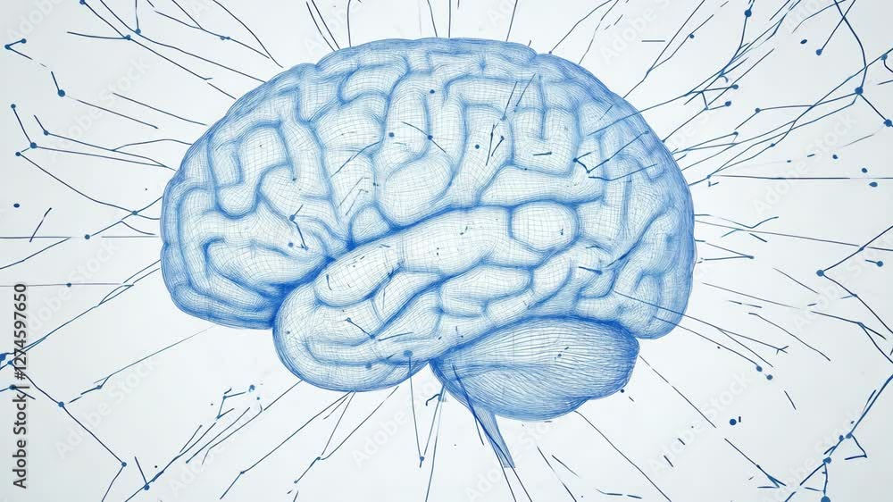 Poster blue brain with intricate neural connections represented by lines on white backdrop, emphasizing the
