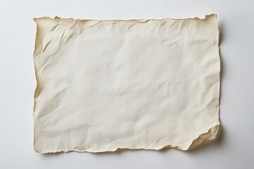 Obraz premium A crumpled off-white paper with torn edges lies on a clean white surface, inviting creativity
