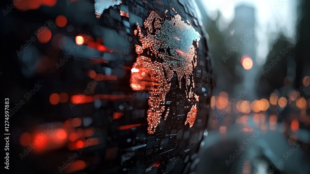 Poster a futuristic world map display featuring 3d blue high-tech elements, hologram displays, and a heads-