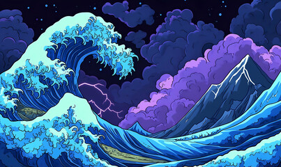 Colorful night wave artwork; stylized rendition of the Great Wave off Kanagawa