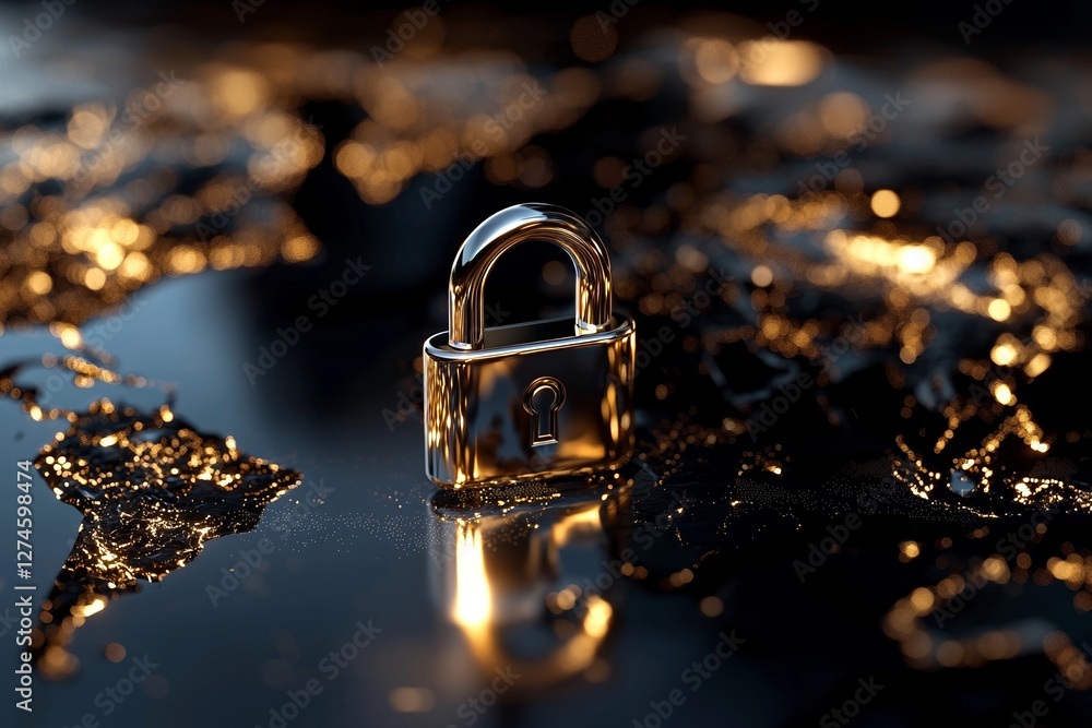 Aufkleber a 3d rendering of a glowing padlock map hologram on a dark background represents safety and protecti