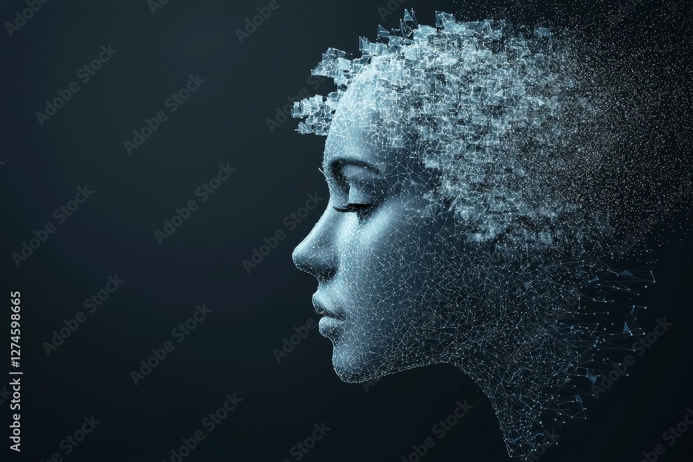 Poster the concept of ai and human mind is represented by an abstract polygonal head outline on a dark back