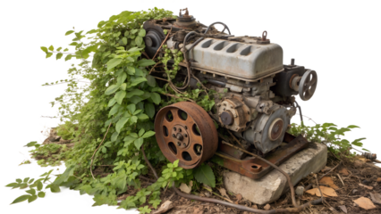 Old engine covered with green vines in nature