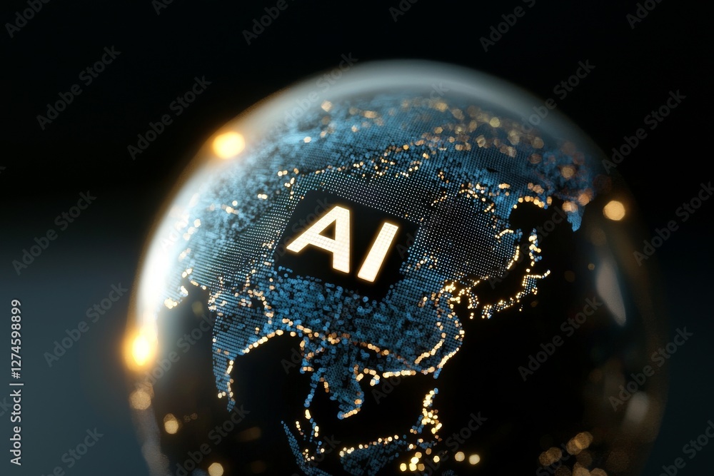 Poster the concept of abstract ai is visually represented by a globe on a dark background, embodying stock 