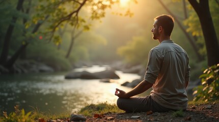 Fototapeta premium A man meditating by a calm river in a tranquil forest, bathed in soft morning light, evoking a peaceful, spiritual connection with nature.