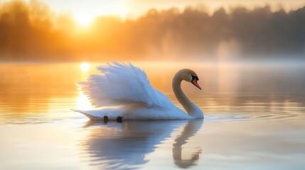Fototapeta premium Serene Sunrise: A Majestic Swan on a Misty Lake