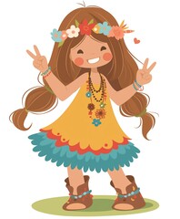 Fototapeta premium boho girl wearing flower crown smiling with joy, cute cartoon girl, character design illustration isolated on white background