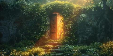 Handdoek met foto Meisjeskamer a mystical doorway in a fantasy magic garden with light glow, door portal to other world   © QuietWord