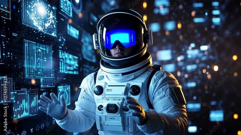 Poster an astronaut stands in a high tech environment illuminated by digital displays, showcasing advanced 