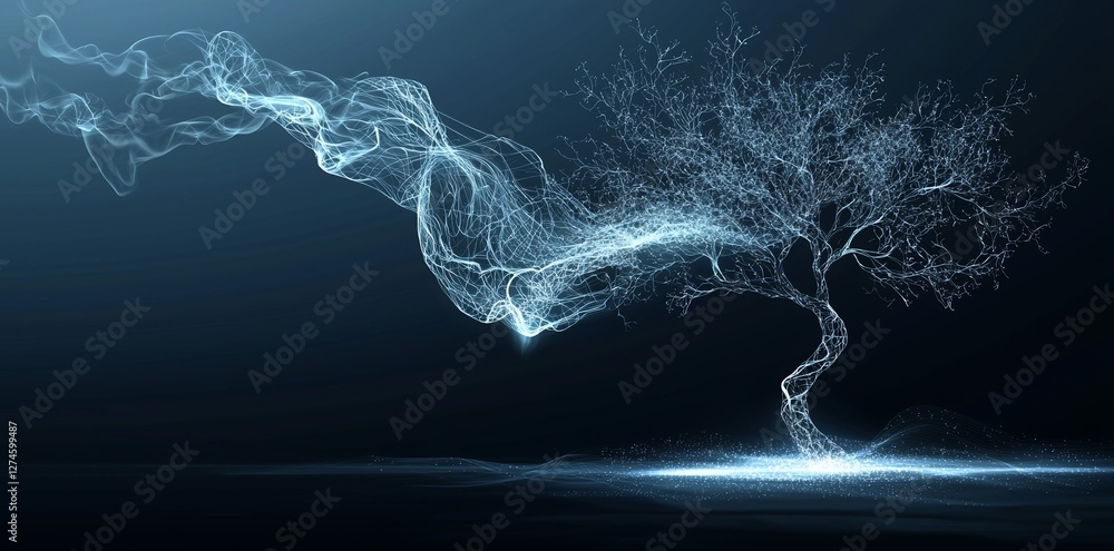 Poster a 3d rendering of a glowing digital polygonal tree set against a wide blue background with a mock-up
