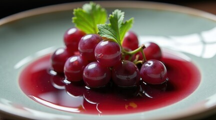 Juicy red grapes in a rich, sweet sauce, presented on a stylish plate, capturing the essence of natural freshness and flavor.