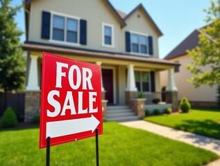 Bright and eye-catching "For Sale" sign in front of a charming house, showcasing a well-maintained lawn and inviting curb appeal, perfect for real estate listings