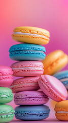 Fototapeta premium Colorful macarons stacked in a tower, a photographic image of ultra-realistic quality.