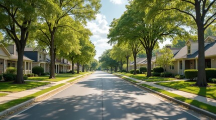 Obraz premium Charming suburban neighborhood with tree-lined streets, well-maintained homes, and a friendly atmosphere
