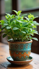 Obraz premium Fragrant sage plant in beautifully patterned ceramic pot on wooden table