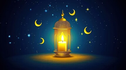 Golden Lantern Illuminated Under Night Sky With Moons And Stars