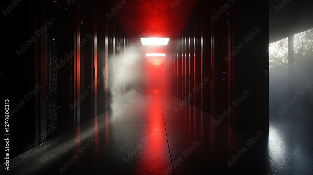 Poster a 3d rendering of a server room with low lighting, where large server racks are prominent, illustrat