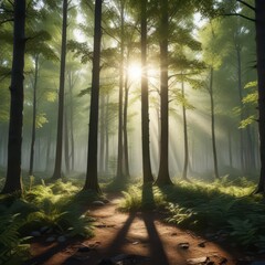 Fototapeta premium Panorama of serene forest with sunlight filtering through trees, foliage, dappled light