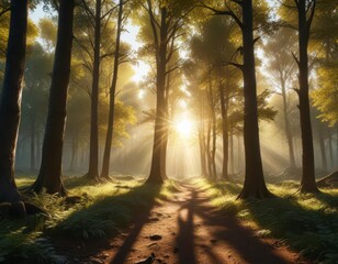 Fototapeta premium Panorama with sunlight filtering through trees, serene, foliage