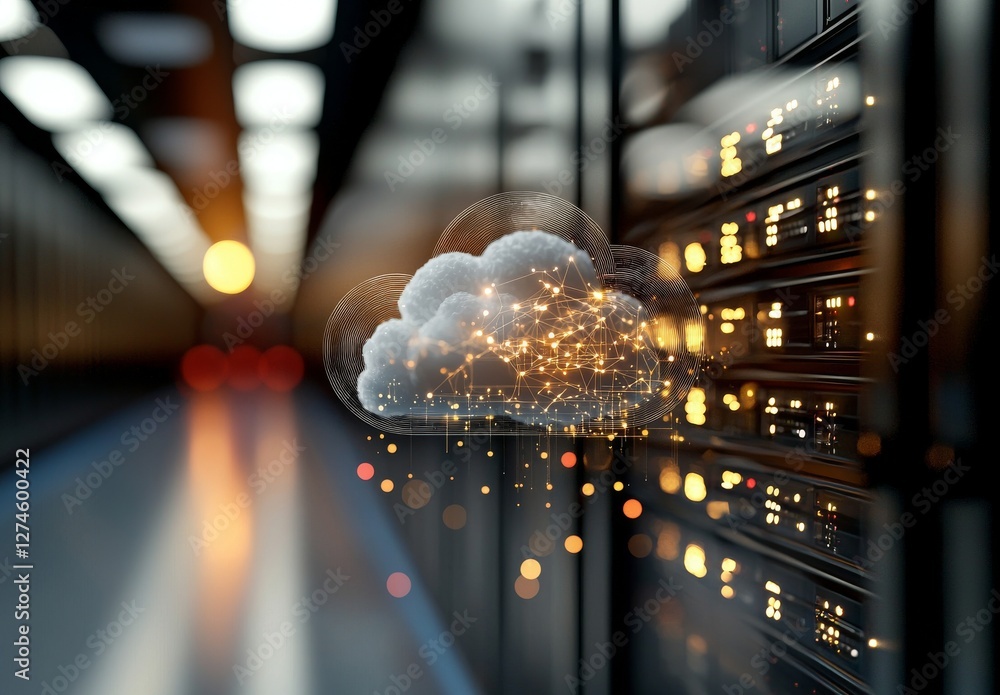 Poster concept of smart digital transformation and technology with cloud computer and online data storage i
