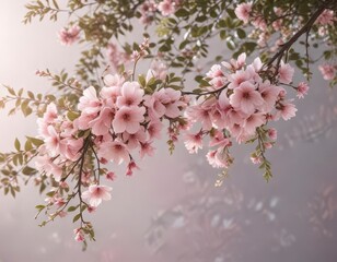 Obraz premium Pastel pink floral banner hanging from a tree branch, pastel colors, pink