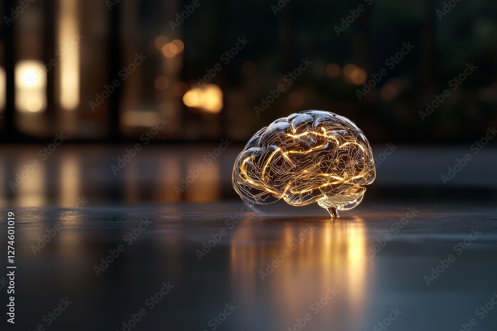 Poster an abstract representation of a blue polygonal brain hologram on a blurred background, illustrating 