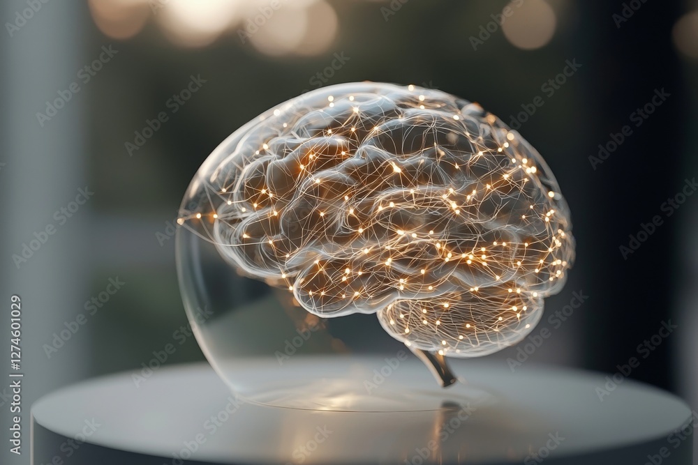 Poster a 3d rendering of an abstract blue polygonal brain hologram set against a blurry background, symboli