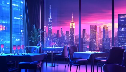 A chic restaurant interior with elegant lighting, modern furniture, and a beautiful view of the city skyline, providing a stylish dining experience