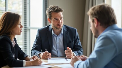 Professional setting with a mortgage broker discussing papers with clients, emphasizing the importance of understanding mortgage agreements.