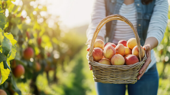 Harvest season delight: hands holding a basket of freshly picked apples in orchard