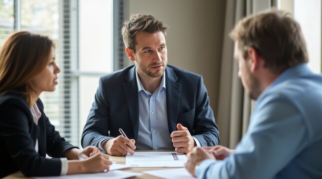 Professional setting with a mortgage broker discussing papers with clients, emphasizing the importance of understanding mortgage agreements.