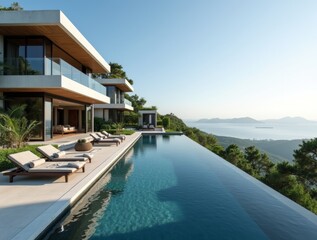 Fototapeta premium Stunning luxury villa with a modern design, featuring an infinity pool, lush gardens, and panoramic views, perfect for high-end real estate listings.