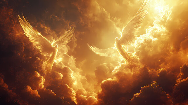 Imagery of fallen angels descending earth from the book of enoch celestial beings with wings dramatic sky dark clouds ethereal light. Celestial Light Wings. Illustration