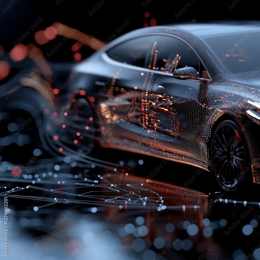 Poster a 3d illustration of a car in a futuristic hud ui style, incorporating advanced service features lik