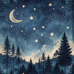 seamless pattern with watercolor forest landscape at night with moon and stars