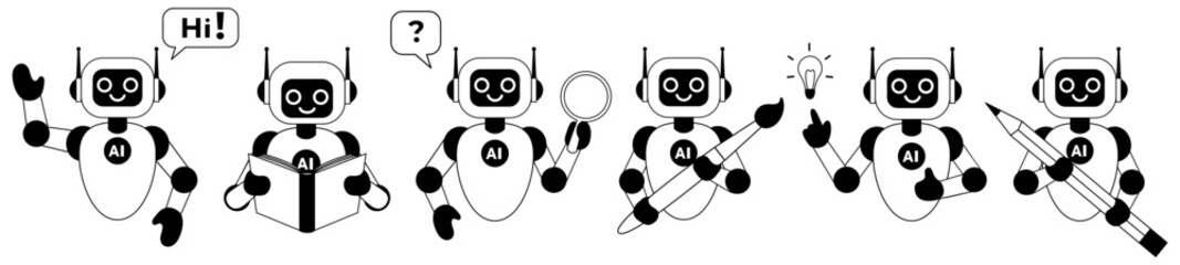 Set of linear illustrations of cute chatbot. AI servers technology. Cute mascot in various pose. Help assistance, artificial intelligence support device. Isolated vector illustration. 