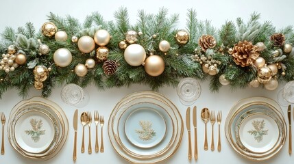 Christmas table setting with fir tree and gold toys on white background flat lay.