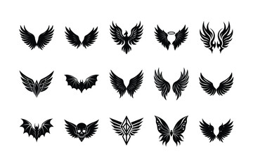 Black silhouette of wings vector set.