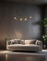 Sleek low-profile sofa with metallic accents and a statement light fixture,  statement piece,  pendant light