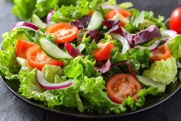A close-up of a beautifully arranged salad on a modern plate, with fresh vegetables and a drizzle of dressing, highlighting healthy and gourmet cuisine.
