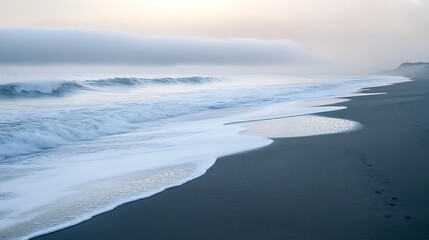 Serene Coastal Scene Mist Shrouded Beach Waves